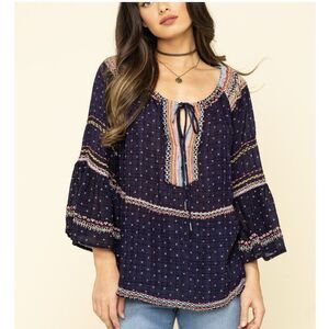 Free People Size S Talia Embroidered Boho Blue Bell Sleeve Peasant Gauze Top